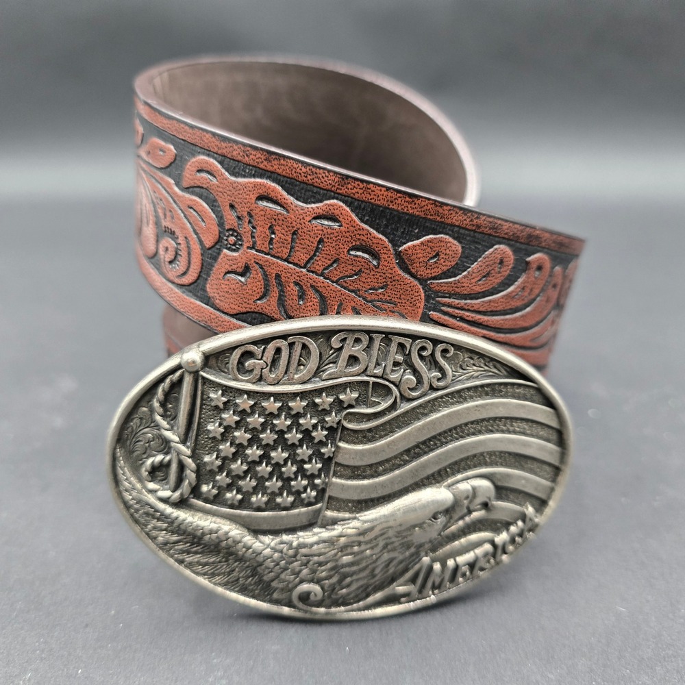 Nocona Leather Belt God Bless America Eagle Buckle Floral Tooled Brown NC88 S